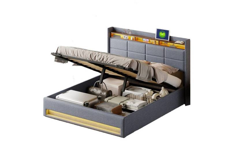 FUROKOY Polsterbett LED Doppelbett mit Ladefunktion, Stauraumkopfteil, (Hydraulischer Stauraumbett 140x200cm), mit USB-Laden und Typ-C,Leinen,Grau von FUROKOY