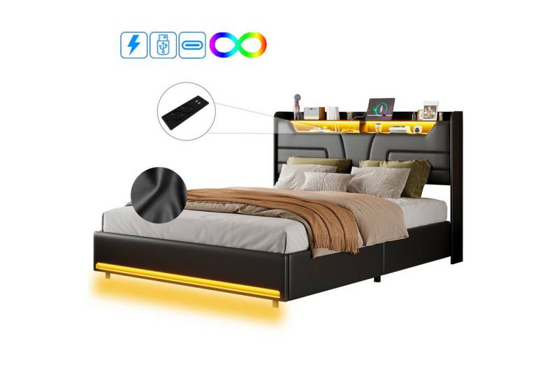 FUROKOY Polsterbett LED Hydraulisches Doppelbett Funktionsbett (mit USB-Anschluss und Steckdose, 1-tlg., LED Beleuchtung), 140x200cm Stauraumbett,Kunstleder,Schwarz von FUROKOY