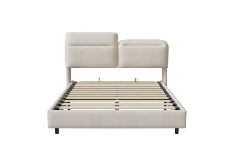 FUROKOY Polsterbett LED Hydraulisches Stauraumbett Doppelbett mit Winkel-verstellbarem (Kopfteil 140x200cm Jugendbett Samt Beige), ohne Matratze von FUROKOY
