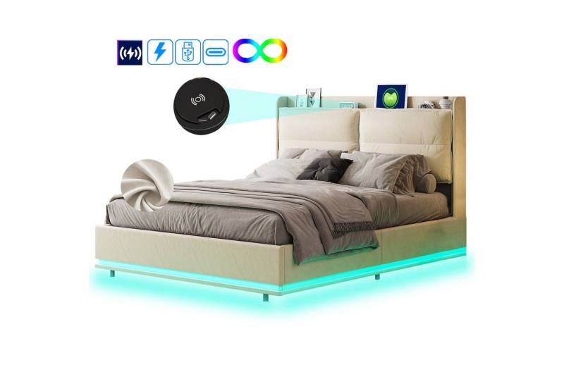FUROKOY Polsterbett LED-Licht Hydraulisches Doppelbett Stauraumbett (Set, 1-tlg., 160x200 cm,mit Drahtlose Ladefunktion), Rückenlehne mit Reißverschluss,Samt,Beige von FUROKOY
