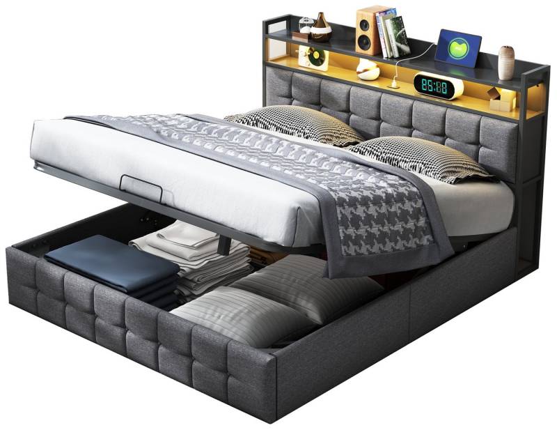 FUROKOY Polsterbett LED hydraulisches Doppelbett aus Kunstleder Funktionsbett Bettgestell, 140x200 cm,Stauraum,Gepolstert,Weich und bequem,Leinenmaterial,Grau von FUROKOY