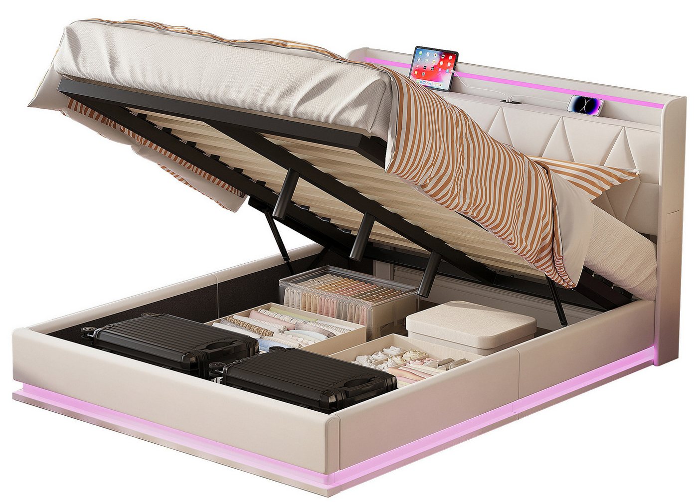 FUROKOY Polsterbett LED hydraulisches Doppelbett aus Kunstleder Funktionsbett Bettgestell, 140x200 cm,mit USB,Stauraum,Gepolstert,Weich und bequem,Samt,Beige FUROKOY Polsterbett LED hydraulisches Doppelbett aus Kunstleder Funktionsbett Bettgestell, 140x200 cm,mit USB,Stauraum,Gepolstert,Weich und bequem,Samt,Beige von FUROKOY