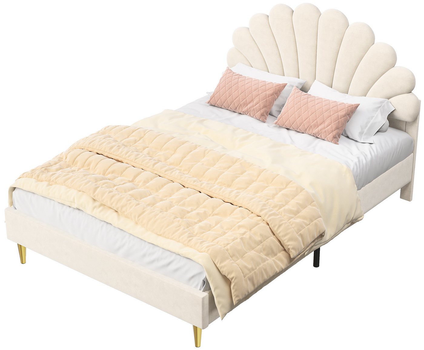FUROKOY Polsterbett Mädchenbett Blütenblattform Bett 140x200cm, (Elegant und raffiniert Doppelbett mit Blumenkopfteil, Gemütliches Schlafzimmerbett mit Lattenrost (ohne Matratze), Französisch Stil Samt gepolstertes Bett, Beige/Burgunderrot von FUROKOY