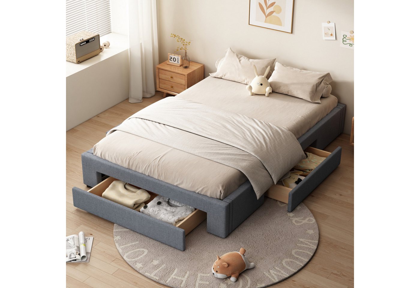 FUROKOY Polsterbett Plattform Bett ohne Kopfteil mit 3 Schubladen, (große Kapazität Lagerung Bettwäsche Bett), Doppelbett schmutzabweisend Leinen 140x200cm, Grau von FUROKOY