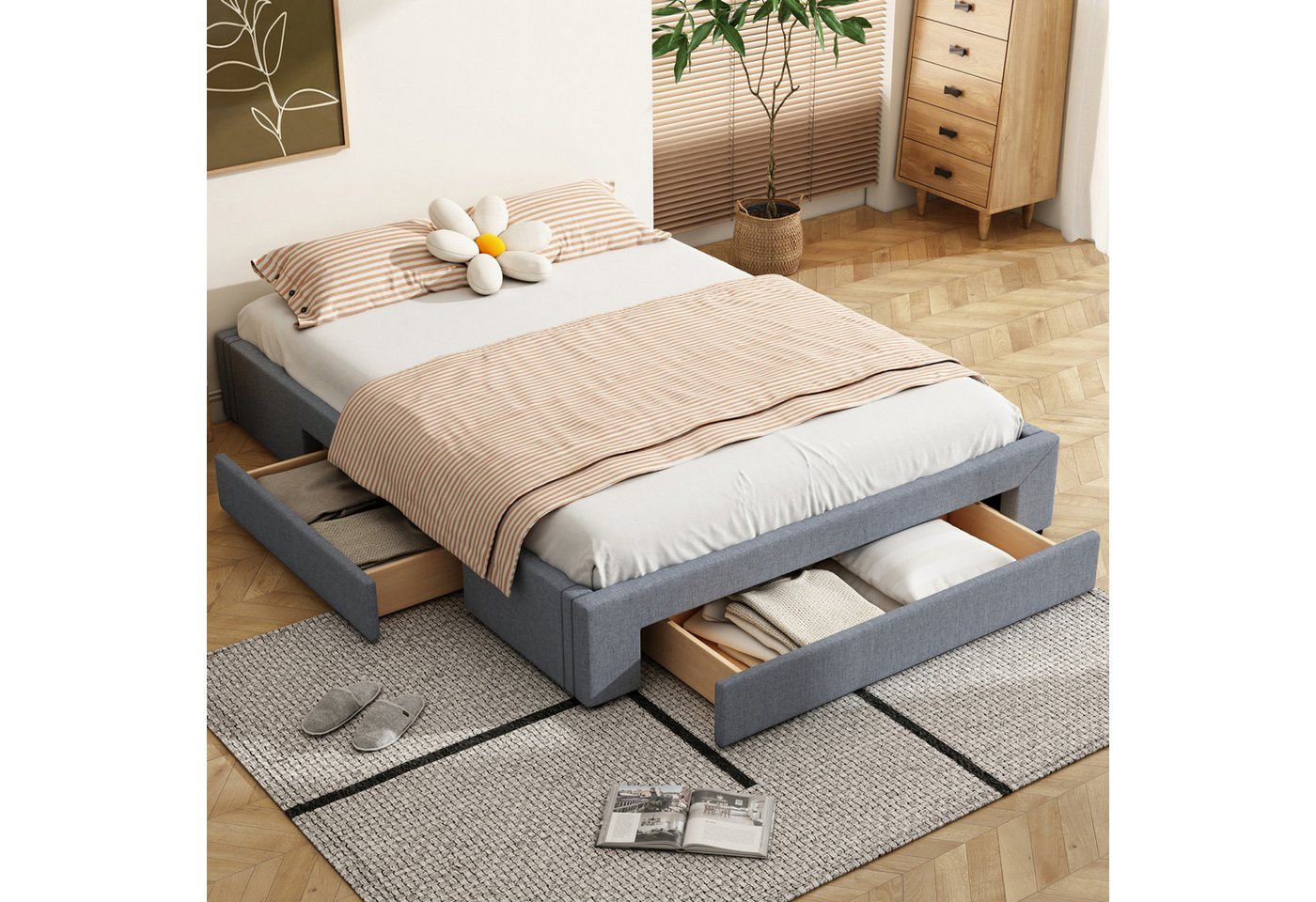 FUROKOY Polsterbett Plattform Bett ohne Kopfteil mit 3 Schubladen, (große Kapazität Lagerung Bettwäsche Bett), Doppelbett schmutzabweisend Leinen 160x200cm, Grau von FUROKOY