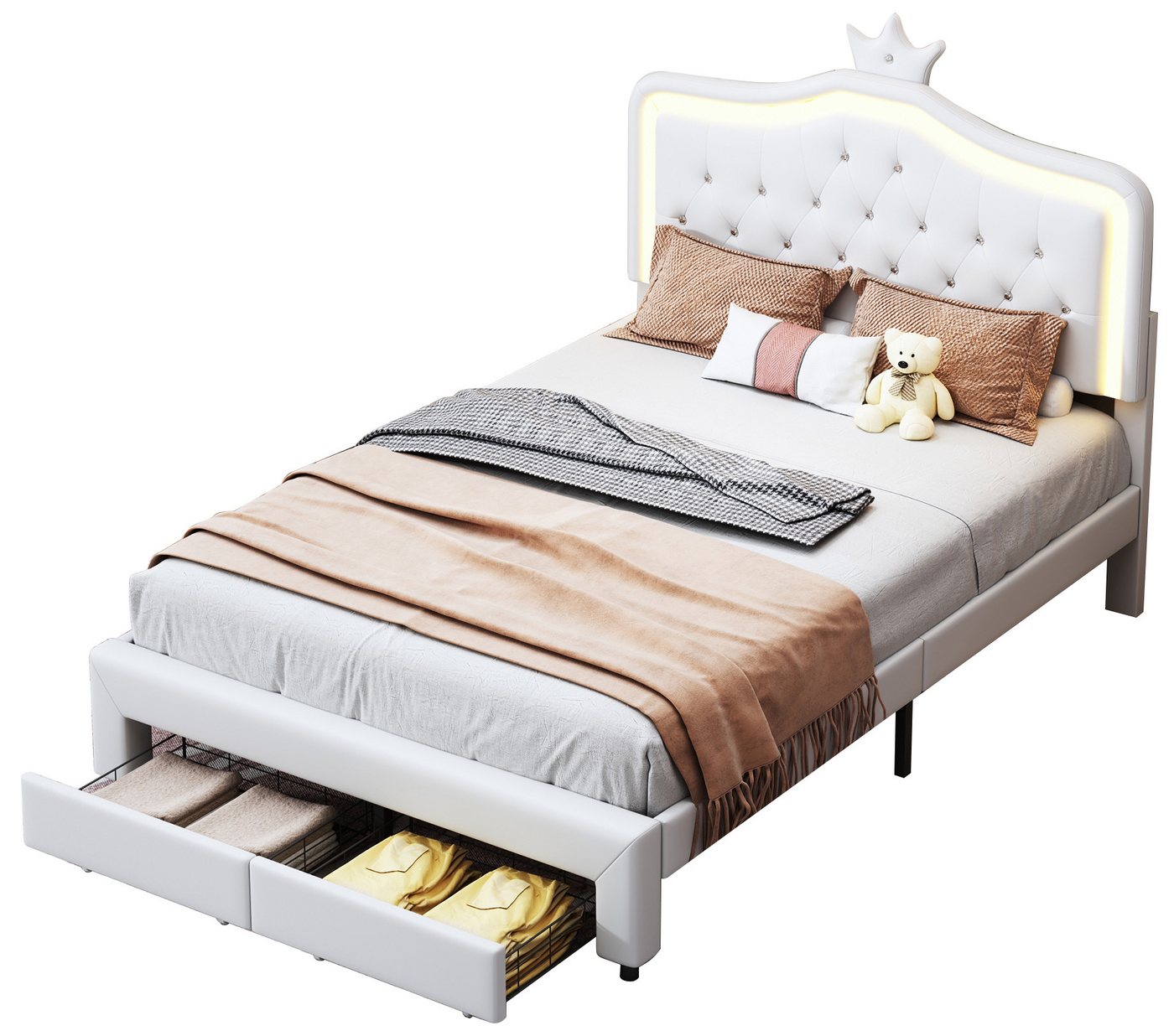 FUROKOY Polsterbett Polsterbett LED Kronenbett mit anhebbarem Kopfteil Kronenform (Prinzessinbett Kinderbett Jugendbett aus Samt), 140x200 cm,Gepolstert,Kunstleder,mit LED-Beleuchtung von FUROKOY