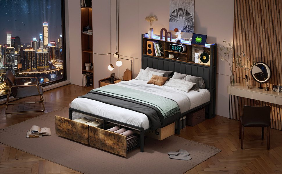 FUROKOY Polsterbett Polsterbett LED mit Ladefunktion(USB+Typ-C),mit Stauraumkopfteil (Holzbett mit Metallrahmen, Multifunktionales Bett APP&Fernsteuerung-gesteuerte LED), Jugendbett Doppelbett mit 2 Schubladen,Schwarz+Braun, 180x200cm von FUROKOY