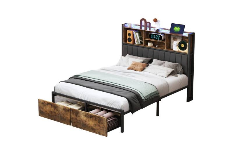 FUROKOY Jugendbett Metallbett Polsterbett mit LED und Stauraum, 160x200cm Massivholzbett Doppelbett, mit 2 Schubladen,Type-C und USB von FUROKOY