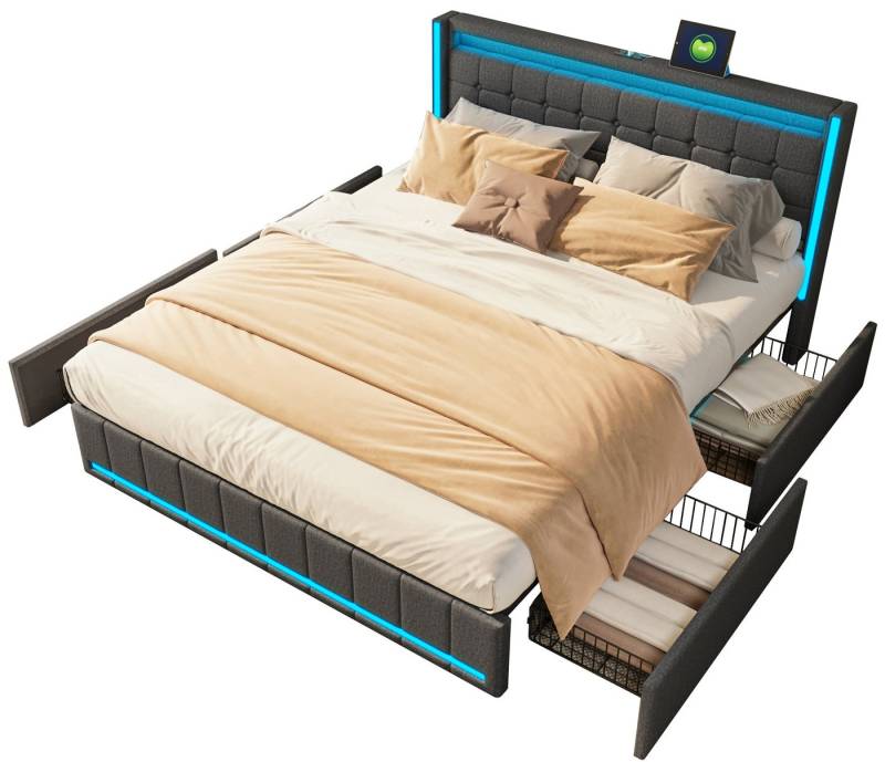 FUROKOY Polsterbett Doppelbett Stauraumbett mit Ladefunktion(2 USB+Typ-C),LED-Beleuchtung (Bettgestell (Ohne Matratze) Lattenrost aus Holz, Dunkelgrau, Bettgestell (Ohne Matratze), Leinen Stauraumbetten mit 4 Schubladen von FUROKOY