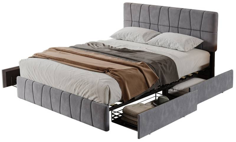 FUROKOY Polsterbett Doppelbett Stauraumbett mit 4 Schubladen (Mit Kopfteil und Lattenrost, Multifunktionales Bett), 160x200 cm,Samt,Jugendbett mit höhenverstellbaren kopfteil,Grau von FUROKOY