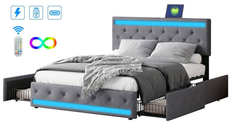 FUROKOY Polsterbett Doppelbett Stauraumbett mit 4 Schubladen (Mit Kopfteil und Lattenrost, Multifunktionales Bett,mit Fernsteuerung-gesteuerte), 140x200 cm,mit USB und LED Licht,Gepolstert,Leinenmaterial Grau von FUROKOY