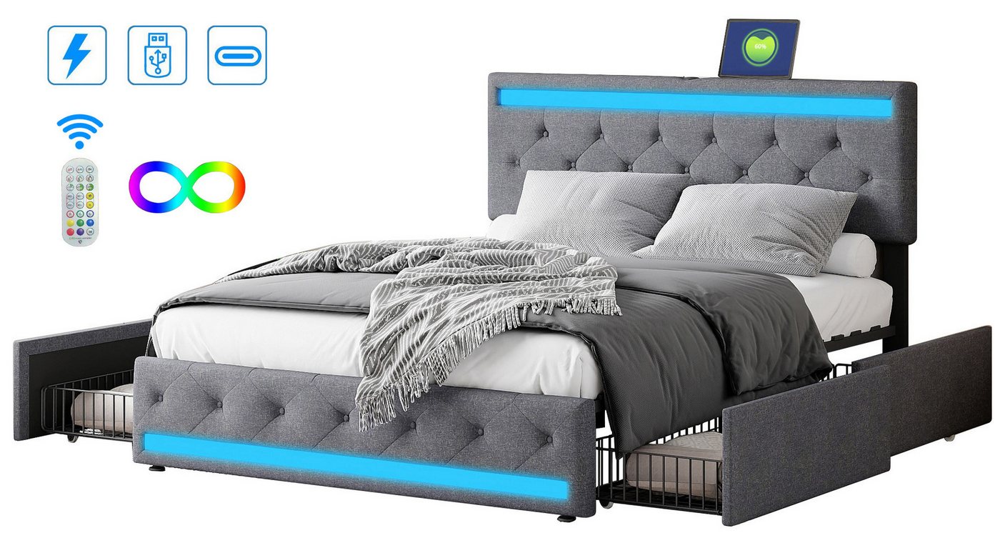 FUROKOY Polsterbett Doppelbett Stauraumbett mit 4 Schubladen (Mit Kopfteil und Lattenrost, Multifunktionales Bett,mit Fernsteuerung-gesteuerte), 180x200 cm,mit USB und LED Licht,Gepolstert,Leinenmaterial Grau von FUROKOY