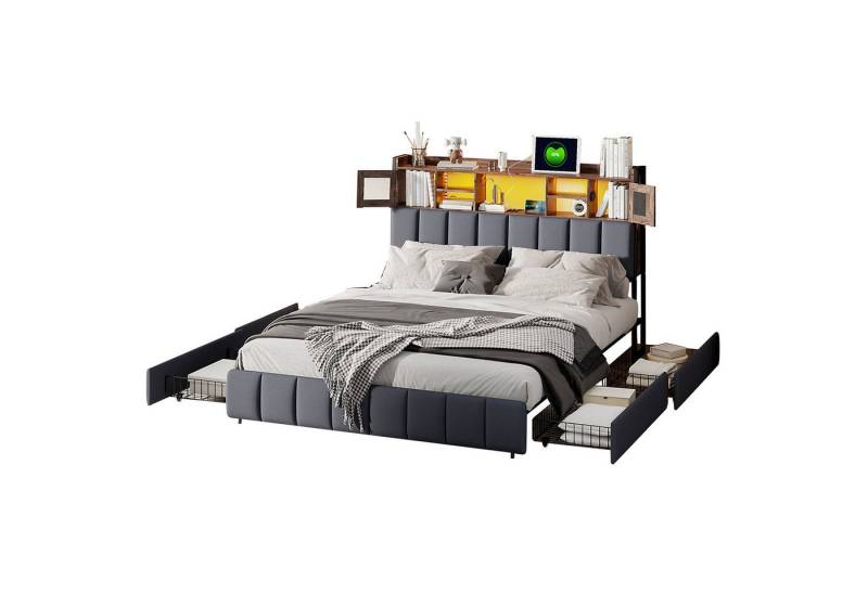 FUROKOY Polsterbett Stauraumbett mit 4 Schubladen,Stauraumkopfteil mit LED-Beleuchtung (Multifunktionales gepolstertes Bett mit Ladefunktion, Kopfteil mit kleinen Fenstern und Staufächern), Jugendbett 140/160x200cm,Leinen,Grau von FUROKOY