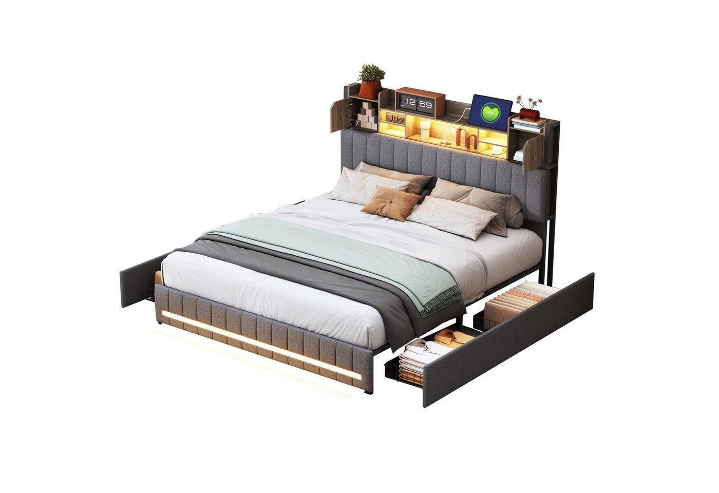 FUROKOY Polsterbett mit Stauraum, LED Beleuchtung, USB Ladefunktion und 4 Schubladen, 140x190 cm Doppelbett Rückenlehne Bettgestell mit Lattenrost von FUROKOY