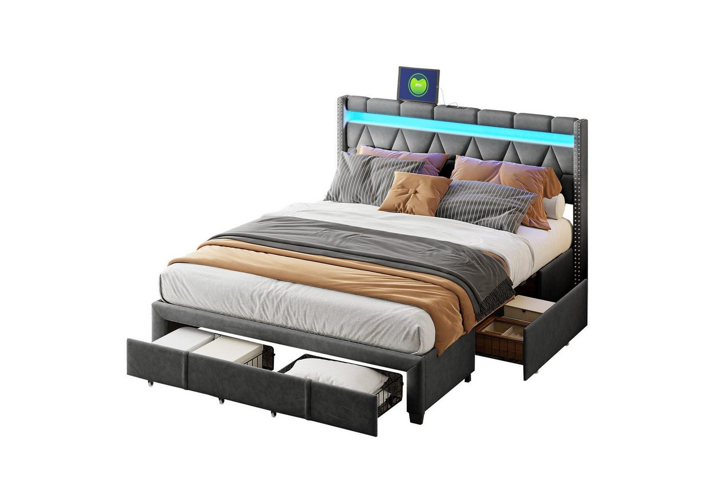 FUROKOY Polsterbett mit Stauraum, LED-Beleuchtung, USB Ladefunktion und 4 Schubladen (Packung, 1-tlg., 140x200 cm), Doppelbett Rückenlehne Bettgestell mit Lattenrost, Grau von FUROKOY