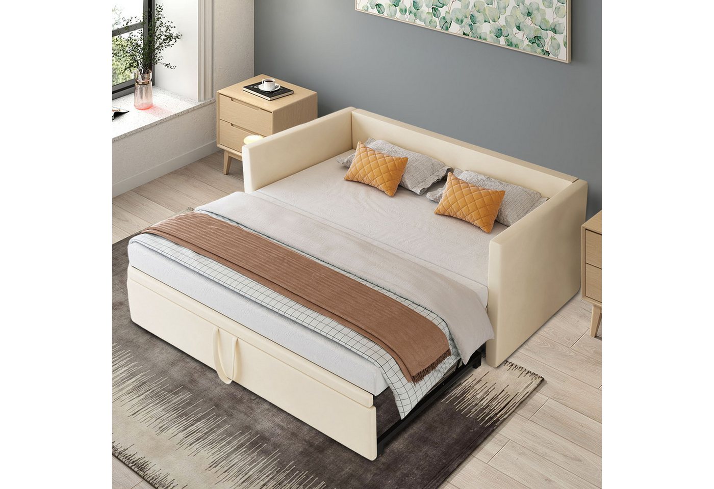 FUROKOY Schlafsofa Daybett Tagesbett Ausziehbett Polsterbett mit Lattenrost, Set 1 Teile, 90x200/180x200cm,beige, Samtstoff, Ausziehbarer Bettrahmen FUROKOY Schlafsofa Daybett Tagesbett Ausziehbett Polsterbett mit Lattenrost, Set 1 Teile, 90x200/180x200cm,beige, Samtstoff, Ausziehbarer Bettrahmen von FUROKOY