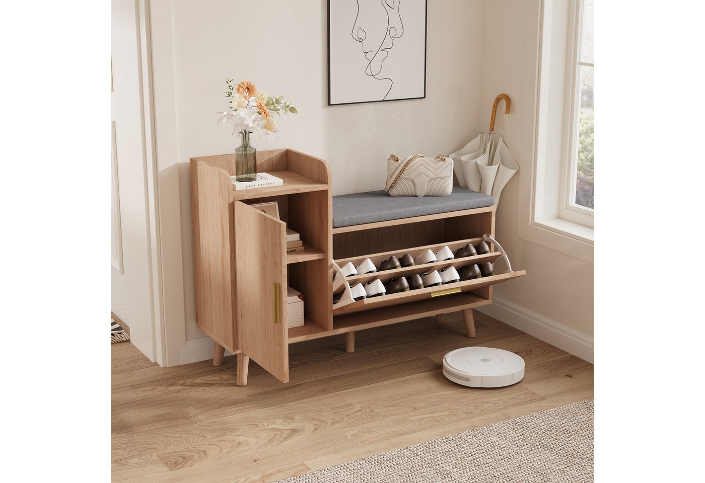 FUROKOY Schuhschrank Schuhbank Gepolstert mit Schrank (Schuhregal mit 1 Klappen und 2 Fächern) für Eingangsbereich, Flur, 100 x 30 x 69.5 cm von FUROKOY