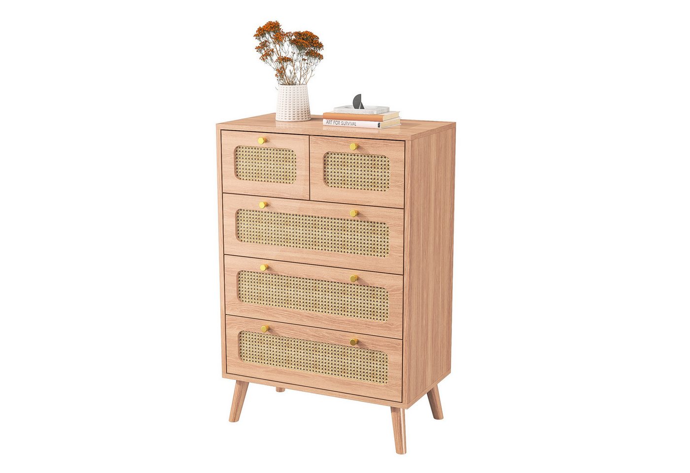 FUROKOY Sideboard Kommode Küchenschrank, Holzbeine (Buffetschrank Highboard mit 5 Rattan Geflechte Schubladen), für Schlafzimmer, Wohnzimmer, Flur, 60 x 34 x 91 cm von FUROKOY