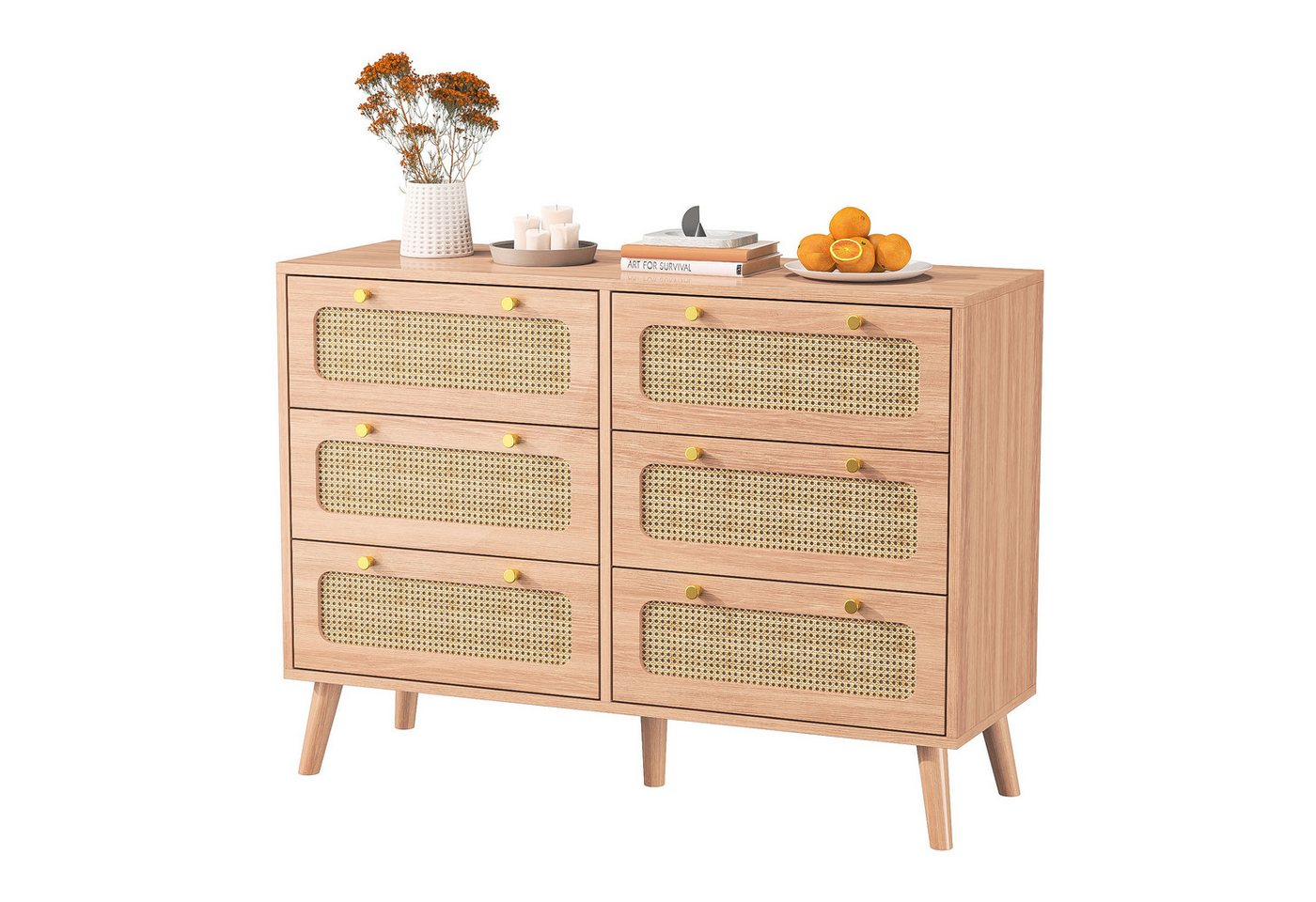 FUROKOY Sideboard Kommode Küchenschrank, Holzbeine (Buffetschrank Highboard mit 6 Rattan Geflechte Schubladen), für Schlafzimmer, Wohnzimmer, Flur, 100 x 34 x 73 cm von FUROKOY