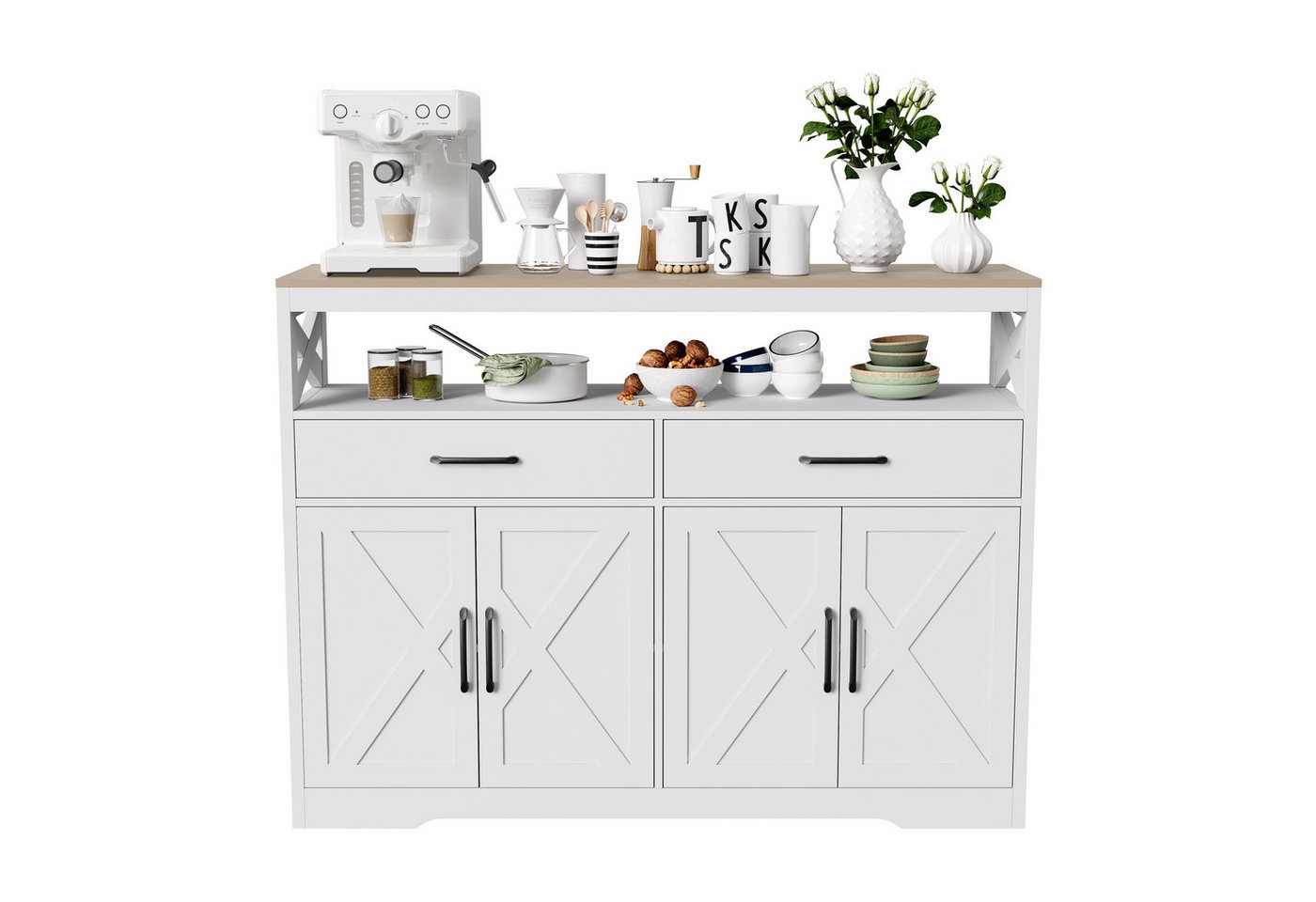 FUROKOY Sideboard Küchenschrank Aufbewahrungsschrank mit Schubladen, Küchenschrank Buffetschrank 2 Schubladen 2 Türen 140x40x105cm Weiß von FUROKOY