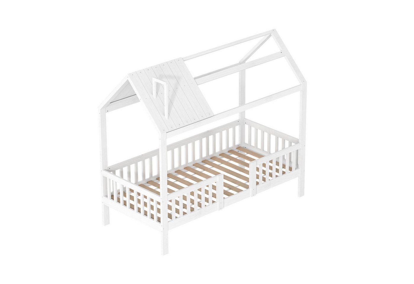 FUROKOY Hausbett Kinderbett 90x200cm, Bett aus Kiefernholz (Set, 1-tlg., Einzelbett mit Rausfallschutz und Schornstein), Massivholzbett Spielbetten für Jungen und Mädchen, Weiß von FUROKOY