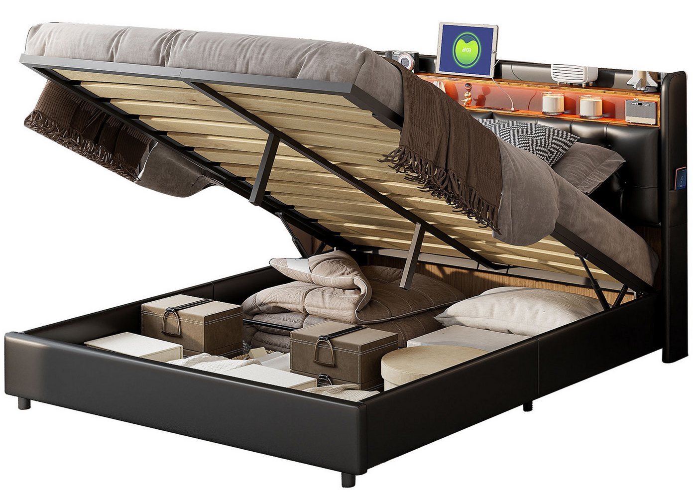 FUROKOY Stauraumbett Doppelbett Polsterbett mit Lattenrost und hydraulischen Stützen, 160x200 cm,LED-Beleuchtung,USB+Type C,Schwarz,Kunstleder FUROKOY Stauraumbett Doppelbett Polsterbett mit Lattenrost und hydraulischen Stützen, 160x200 cm,LED-Beleuchtung,USB+Type C,Schwarz,Kunstleder von FUROKOY