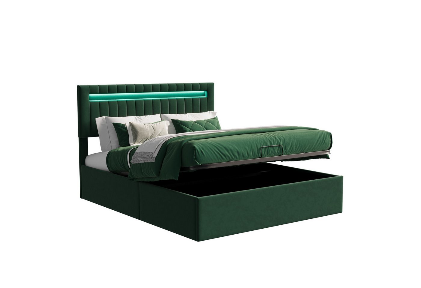 FUROKOY Stauraumbett Grün Polsterbett Doppelbett mit LED Beleuchtung (Bettgestell mit Metallrahmen und Lattenrost), Hydraulisches Bett mit Bettkasten, Samt, Grün, 160x200cm von FUROKOY