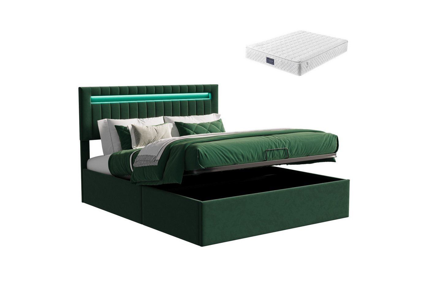 FUROKOY Stauraumbett Grün Polsterbett Doppelbett mit LED Beleuchtung (Bettgestell mit Metallrahmen und Lattenrost, mit Matratze), Hydraulisches Bett mit Bettkasten, Samt, Grün, 140x200cm von FUROKOY