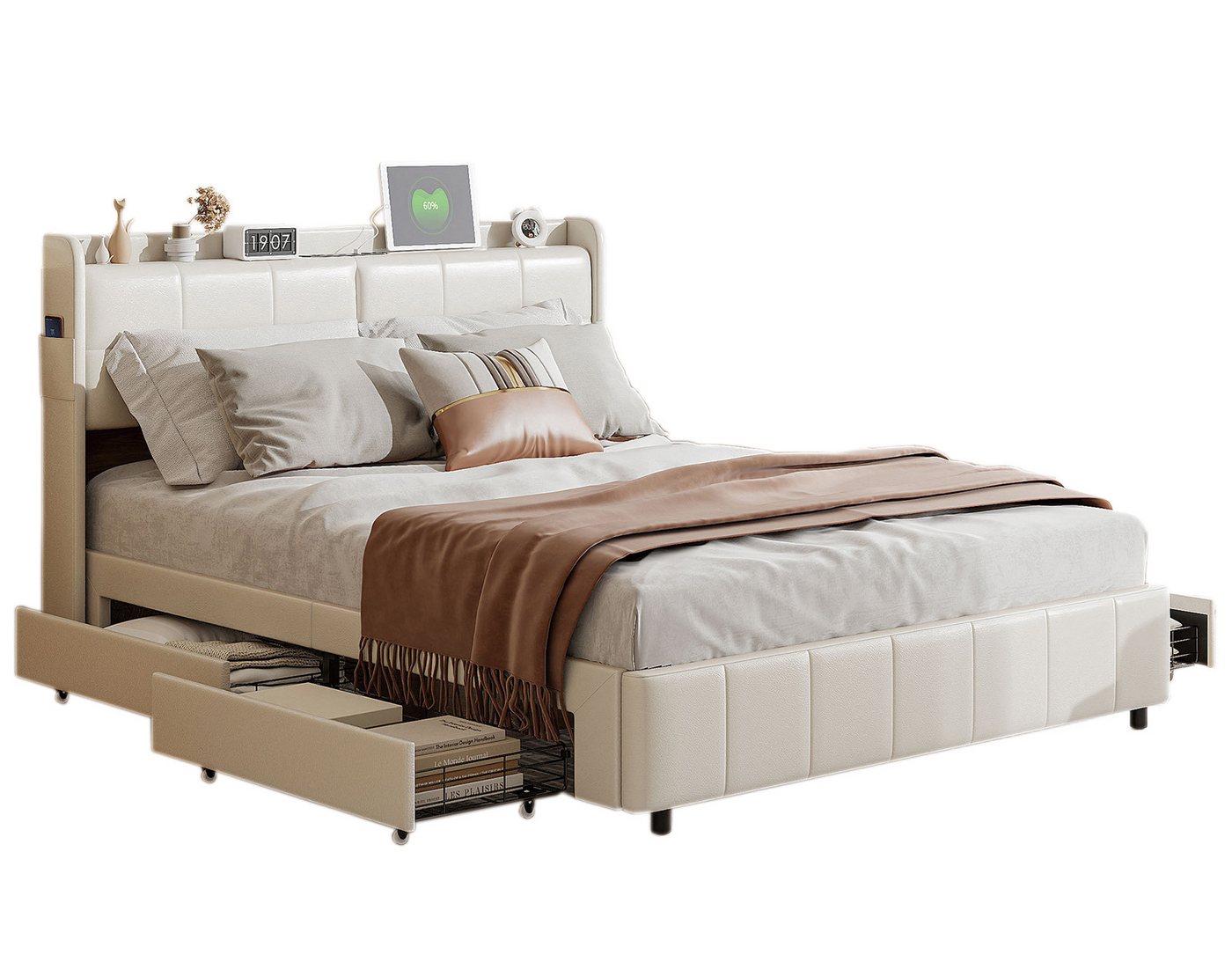 FUROKOY Stauraumbett Polsterbett Doppelbett mit 4 Schubladen (Gepolstertes Kopfteil mit Typ-C und USB-Ladeanschluss), Kunstleder Weiß Polsterbett, mit Lattenrost, 160x200cm von FUROKOY