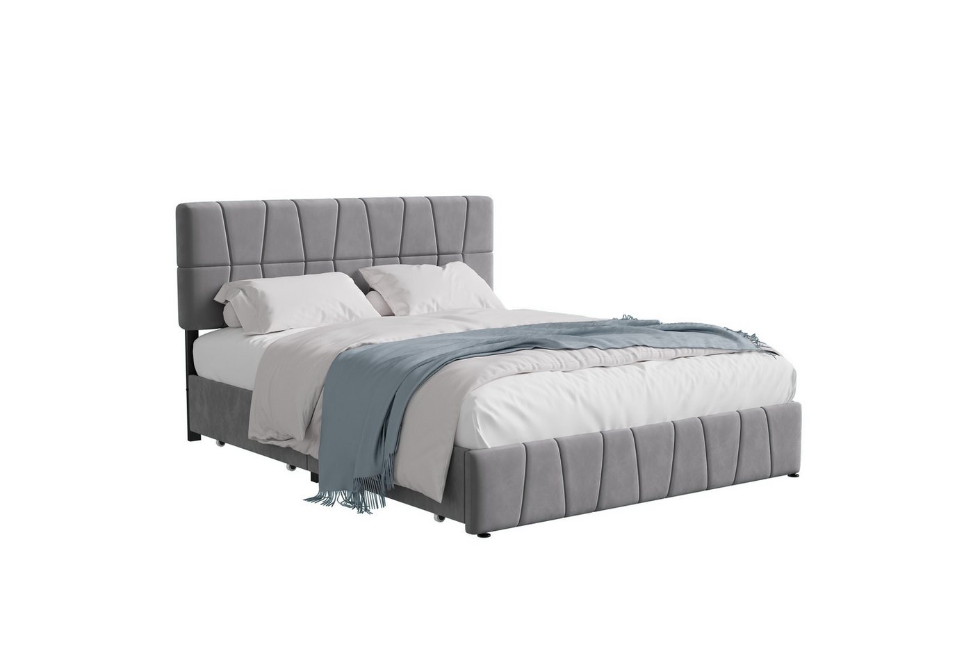 FUROKOY Stauraumbett Polsterbett Doppelbett mit 4 Schubladen (Grau Jugendbett mit Höhenverstellbares Kopfteil), mit Metallrahmen und Lattenrost, Samt, 180x200 cm von FUROKOY