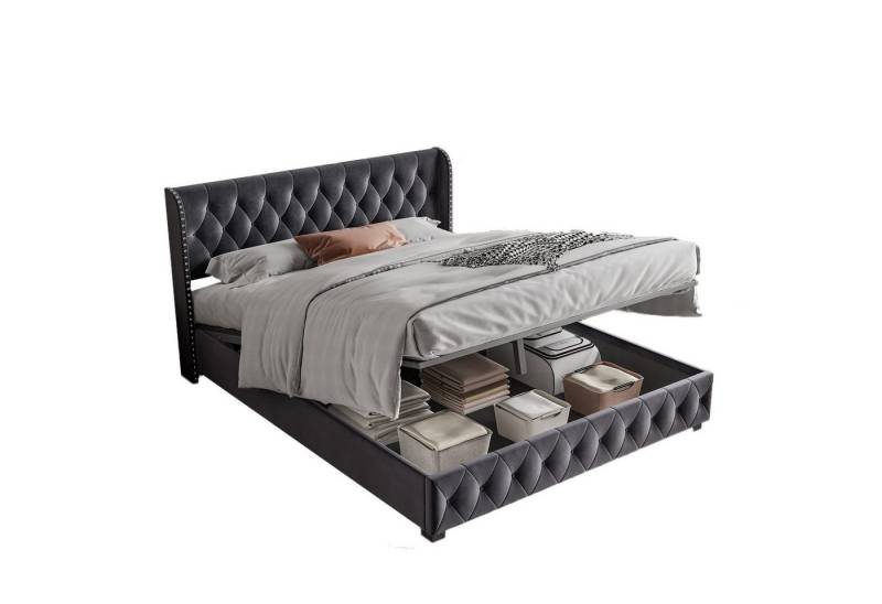 FUROKOY Stauraumbett Polsterbett Doppelbett mit Getuftetes Knopfdesign Kopfteil (Hydraulisches Funktionsbett Erwachsenebett Jugendbett), Bettgestell mit Bettkasten, ohne Matratze, Samt, Grau, 160x200 cm von FUROKOY