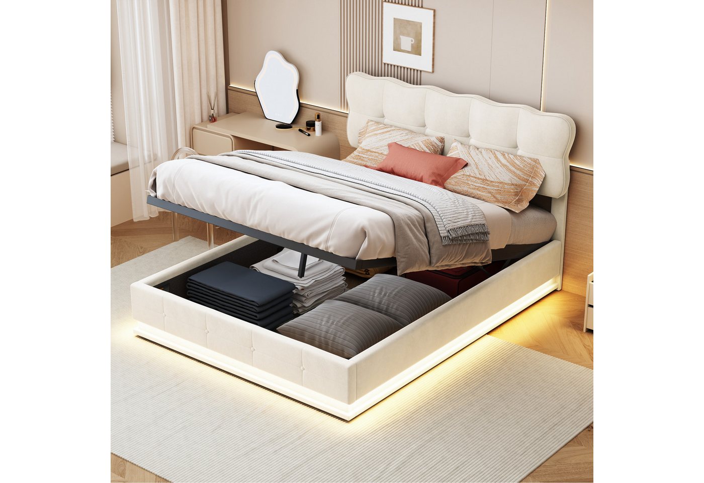 FUROKOY Stauraumbett Polsterbett Doppelbett mit LED-Beleuchtung (Gepolstertes Kopfteil mit Kekswellen-Design), Hydraulikbett Funktionsbett, ohne Matratze, Samt, Beige, 140x200cm von FUROKOY