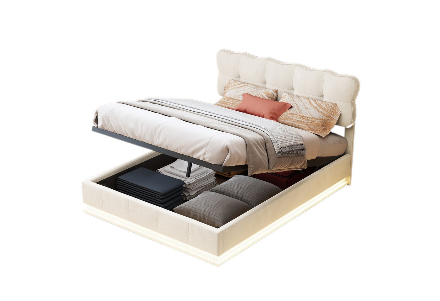 FUROKOY Stauraumbett Polsterbett Doppelbett mit LED-Beleuchtung (Gepolstertes Kopfteil mit Kekswellen-Design), Hydraulikbett Funktionsbett, ohne Matratze, Samt, Beige, 140x200cm von FUROKOY