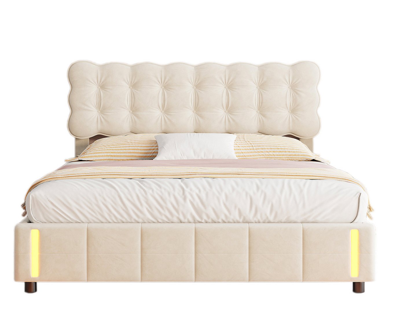 FUROKOY Stauraumbett Polsterbett Doppelbett mit LED-Beleuchtung (Gepolstertes Kopfteil mit Kekswellen-Design), Hydraulikbett Funktionsbett, ohne Matratze, Samt, Beige, 160x200cm von FUROKOY