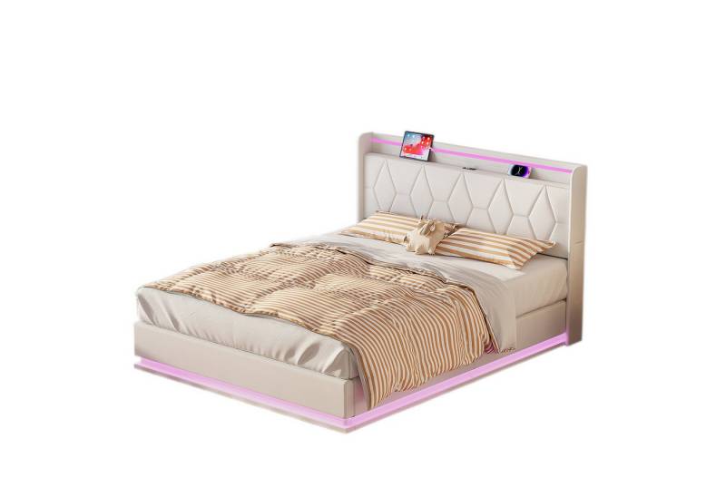 FUROKOY Stauraumbett Polsterbett Doppelbett mit LED-Beleuchtung (Gepolstertes Kopfteil mit Rautenmuster), Hydraulikbett Funktionsbett, ohne Matratze, Samt, Beige, 160x200cm von FUROKOY