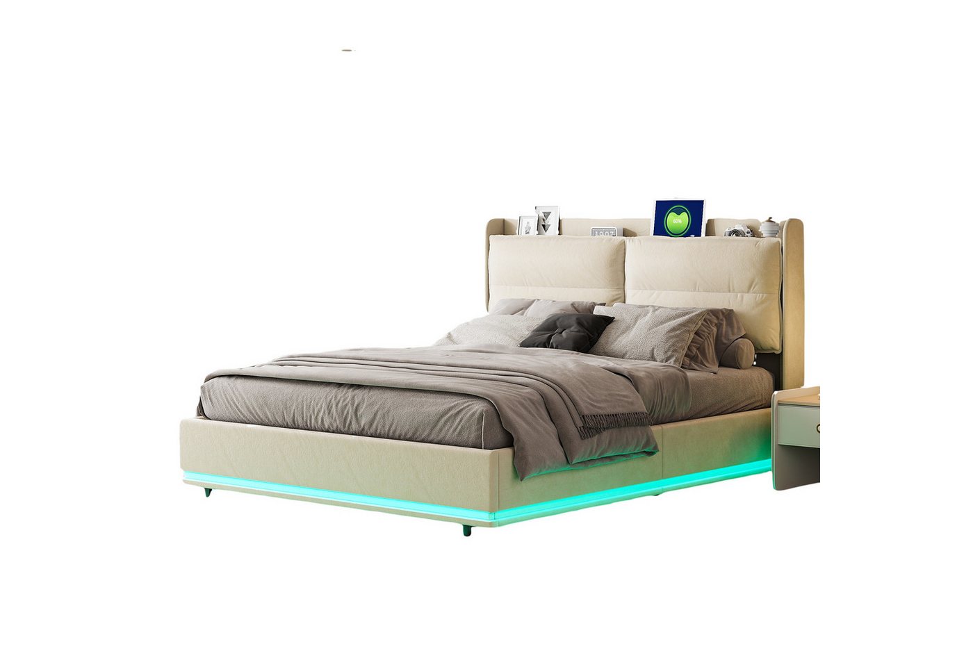 FUROKOY Stauraumbett Polsterbett Doppelbett mit LED-Beleuchtung (Gepolstertes Kopfteil mit USB- und Typ-C-Ladeanschlüssen), Hydraulisches Funktionsbett, ohne Matratze, Samt, Beige,140x200cm von FUROKOY