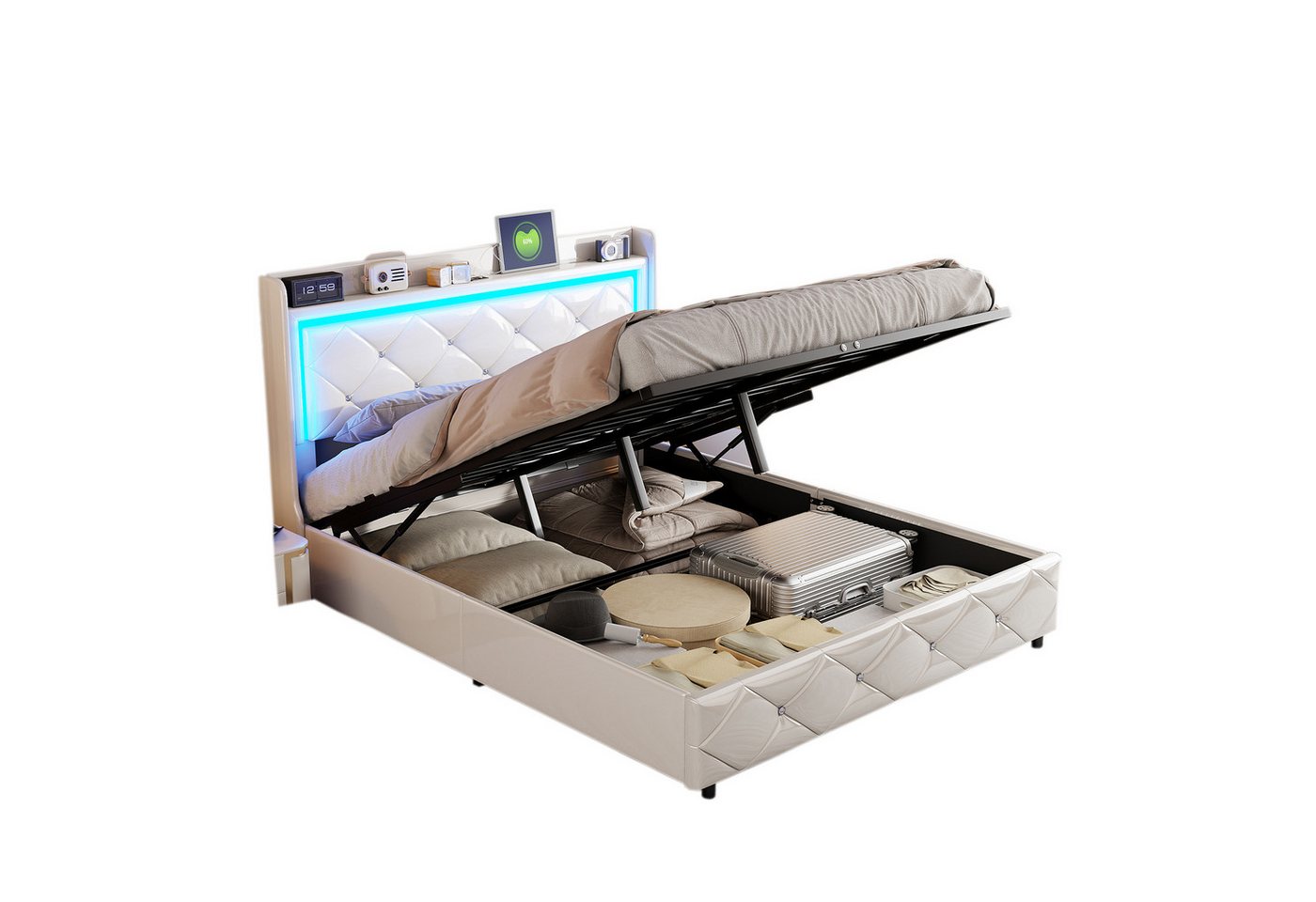 FUROKOY Stauraumbett Polsterbett mit LED Beleuchtung Kopfteil (Bettgestell mit Lattenrost, Ohne Matratze), Hydraulikbett Funktionsbett Jugendbett, Kunstleder, Weiß, 160x200 cm von FUROKOY