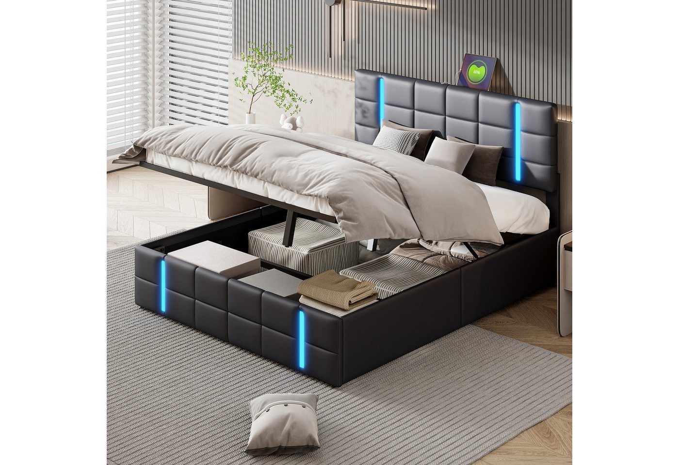 FUROKOY Stauraumbett Polsterbett Doppelbett mit LED-Beleuchtung Kopfteil (Bettgestell mit Metallrahmen und Lattenrost), Hydraulisches Funktionsbett, ohne Matratze, PU, Schwarz, 140x200cm von FUROKOY
