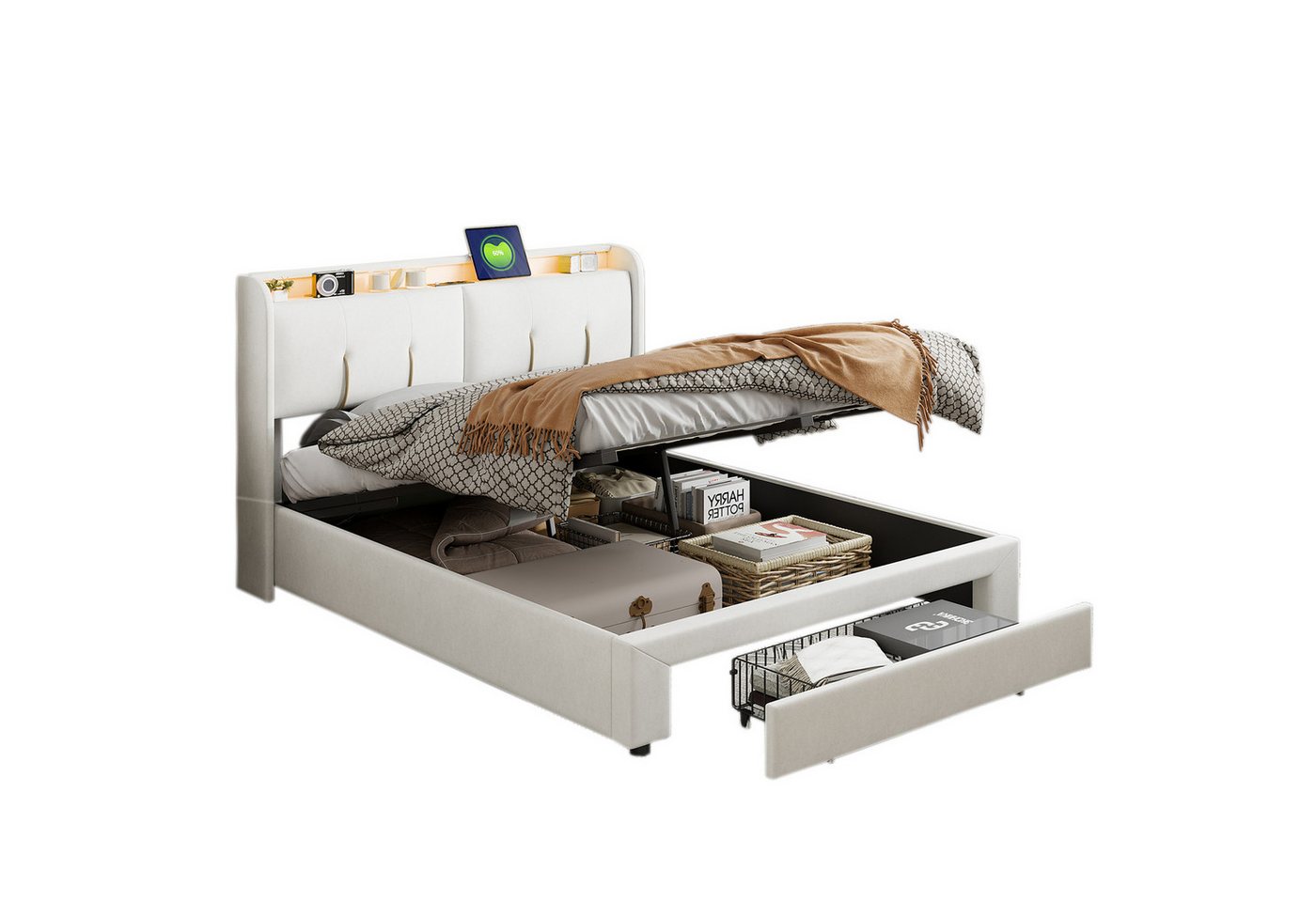 FUROKOY Stauraumbett Polsterbett Doppelbett mit LED-Beleuchtung Stauraum Kopfteil (Set, 1-tlg., Aufklappbares Kopfteil mit USB-Ladeanschluss), Hydraulisches Bett Funktionsbett, Samt, Beige, 160x200cm von FUROKOY