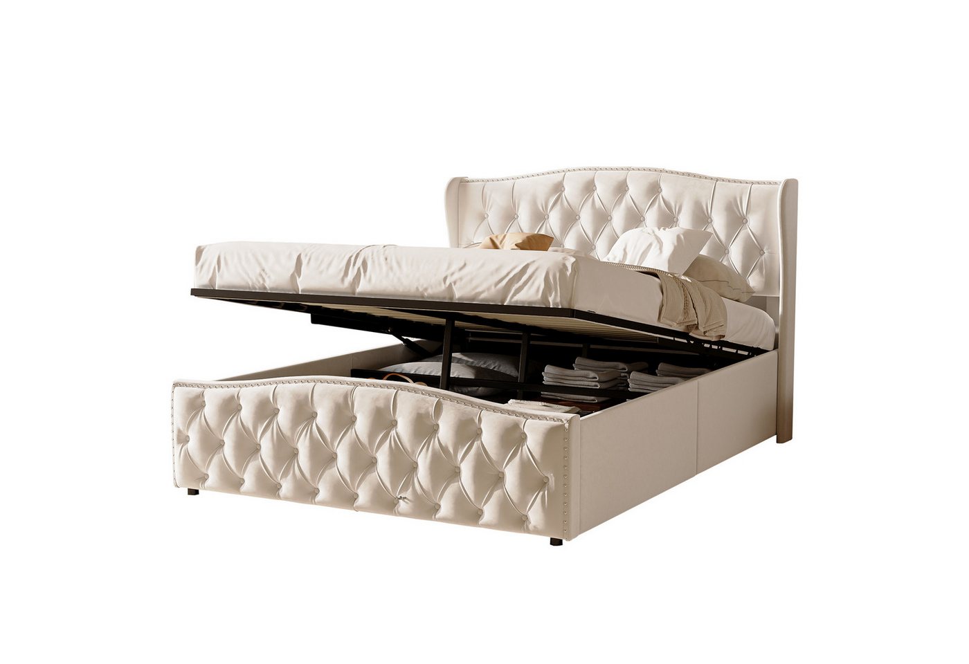 FUROKOY Stauraumbett Polsterbett Doppelbett mit hydraulischem Stauraum (Jugendbett gepolsteres Bettgestell), 160x200 cm,Beige,Samt,mit weichem Kopfteil von FUROKOY