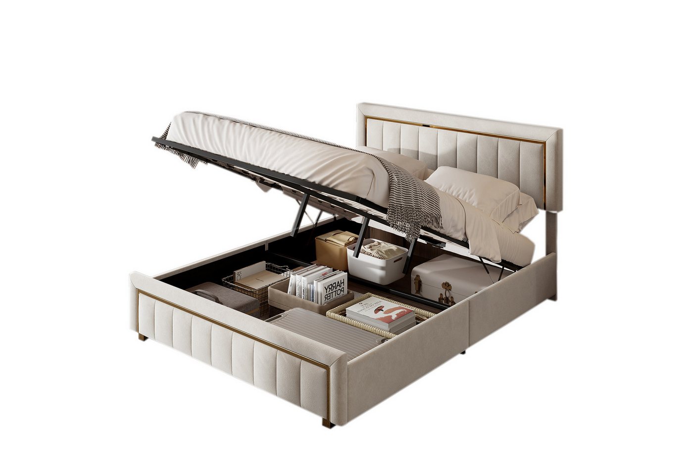 FUROKOY Stauraumbett Polsterbett mit Gepolstertes Kopfteil (Doppelbett mit Vertikal Gemasertem Goldbesatz), Hydraulikbett Jugendbett mit Lattenrost, Samt, Beige, 140x200cm von FUROKOY