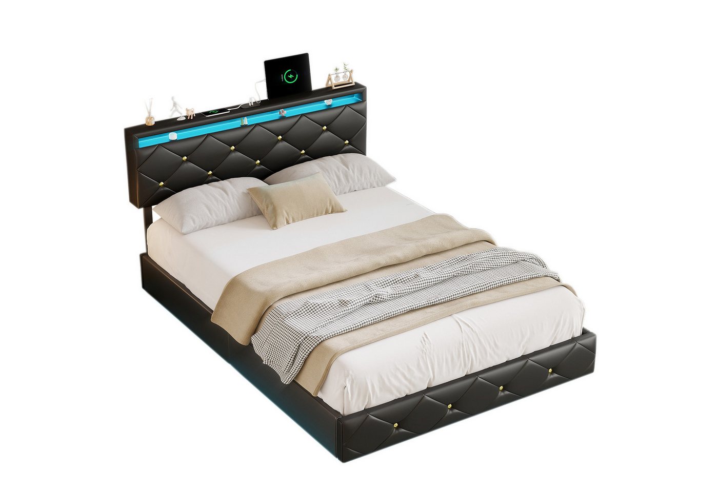 FUROKOY Stauraumbett Schwebebett Bett Jugendbett mit LED-Beleuchtung (Höhenverstellbares Kopfteil mit USB Ladefunktion), Polsterbett Doppelbett 160x200cm mit LED Licht, PU, Schwarz von FUROKOY