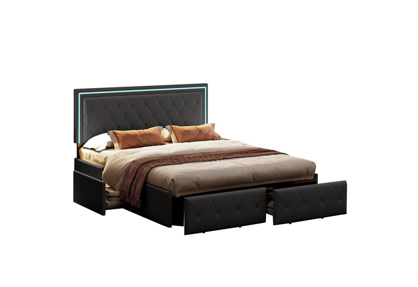FUROKOY Stauraumbett Stauraumbett Polsterbett Doppelbett mit 4 Schubladen (Jugendbett mit LED-Beleuchtung und Höhenverstellbares Kopfteil), mit Metallrahmen und Lattenrost, 160x200 cm, Kunstleder, Grau von FUROKOY