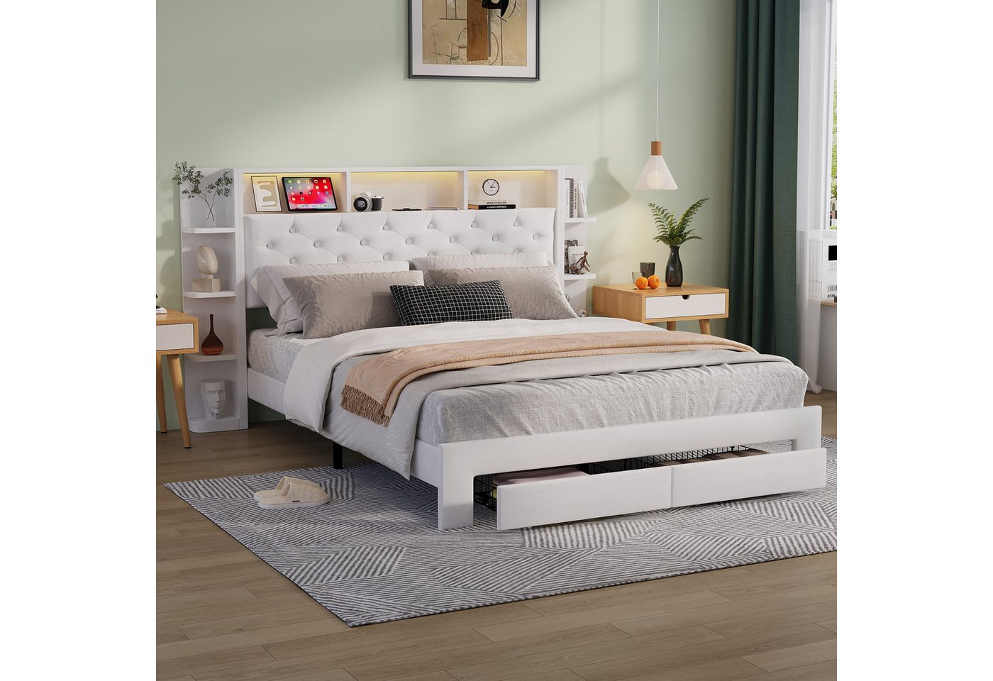 FUROKOY Stauraumbett Weiß Polsterbett Doppelbett mit 2 Schubladen (Set, 1-tlg., Stauraum Kopfteil mit LED-Beleuchtung und USB-Ladeanschluss), Funktionsbett, Samtstoff, Ohne Matratze, 160x200cm von FUROKOY