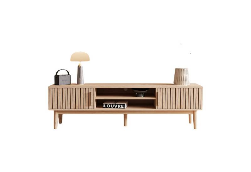 FUROKOY TV-Schrank (150 cm Holzfarbenes Rattan-TV-Ständer, mit 2 Türen und 2 Offenen Fächern, für 65-Zoll-Fernseher) Fernsehschrank für Schlafzimmer, Wohnzimmer von FUROKOY