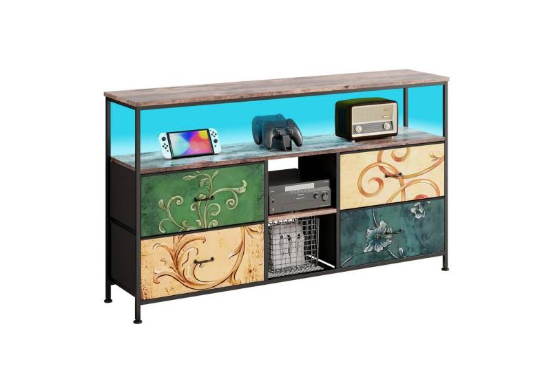 FUROKOY TV-Schrank Lowboard TV-Bank mit LED-Beleuchtung (Fernsehschrank Sideboard-Schrank mit 3 Regal und 4 Stoff Schubladen, für Wohnzimmer Schlafzimmer, Vintage-Blumenmuster, 137 x 29.8 x 78cm) von FUROKOY