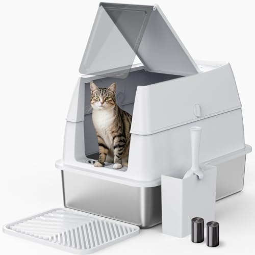 Katzenklo Edelstahl mit Deckel, XXL Extra Großes Katzentoilette Edelstahl Reinigen und Geruchsresistent, Geschlossene Katzenkiste mit Schaufel und Mülleimer, Geeignet für große Katzen/mehrere Katzen von FURTIME