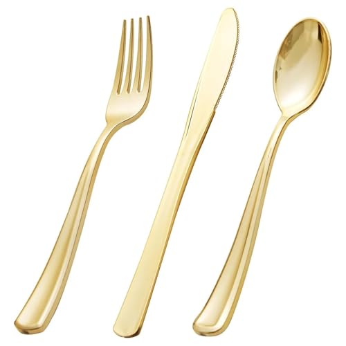 30 PCS Gold Kunststoff-Besteck-Set,Plastikbesteck,Plastic Besteck strapazierfähige Utensilien für Party&Hochzeit,Mehrweg-Besteckset Plastik Party Besteck,10 Gabeln,10 Löffel,10 Messer (Golden) von FUSHENGCHUANG