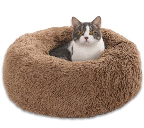 FUSHENGCHUANG Hundebett Flauschig Donut Plüsch Katzenbett Hundekissen, Waschbar Rund Hundebetten für Kleine, Mittelgroße Hunde Katzen, Braun 50cm von FUSHENGCHUANG