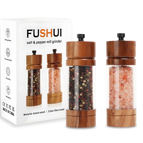 FUSHUI Salz und Pfeffermühle 2er Set Gewürzmühle Manuell Pfeffermühle Holz Salzmühle mit hochleistungs - Keramikmahlwerk Höhe: 14cm von FUSHUI